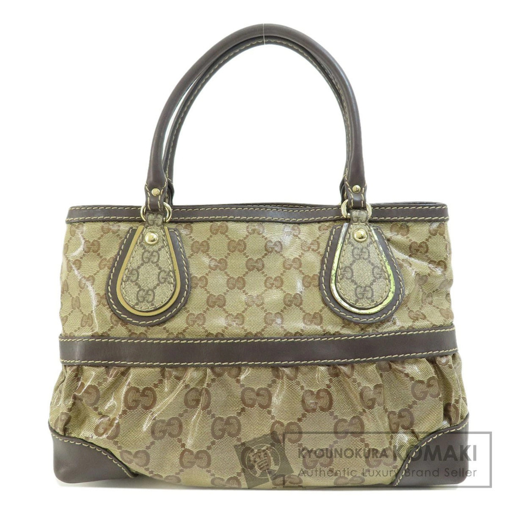 Gucci GG Crystal Coated Canvas Tote Bag in beige and gold with brown leather
